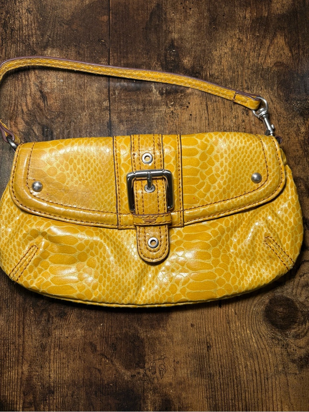 Nine West Textured Yellow Leather Wristlet with Front Buckle